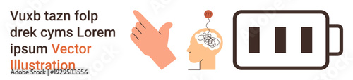 Mental health, neuroscience, energy levels, psychology concepts, cognitive science, technology. Hand pointing with brain illustration and battery icon. Neuroscience and energy levels concept