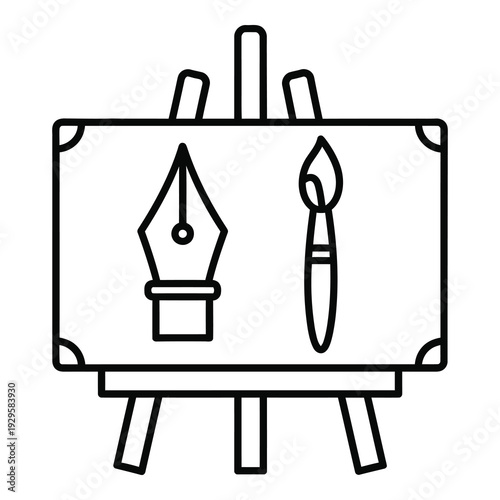 Black line drawing of an easel with a pen nib and a paintbrush on canvas icon