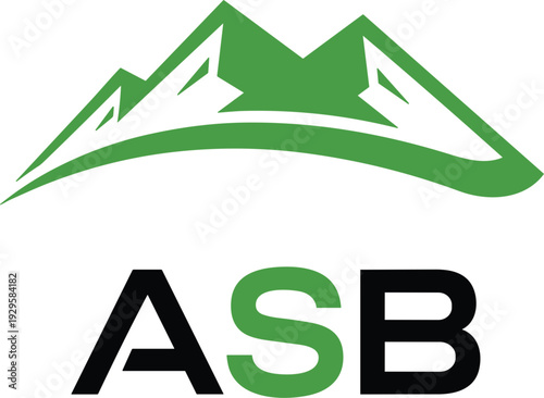 Professional ASB letter logo featuring a green mountain range icon for outdoor adventure brands environmental organizations and mountain climbing sports identity.