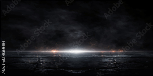 A dark blue night sky filled with stormy black clouds and abstract lightning flashes over the city creates a textured nature cloudscape with a touch of white light