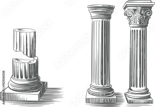 Ancient Greek and Roman column line drawing featuring broken ruins and ornate classical architectural pillar designs