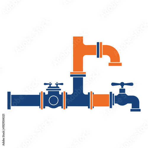 Blue and orange colored water pipes and faucets system icon