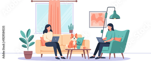 Two women and a dog working on laptops in a cozy living room