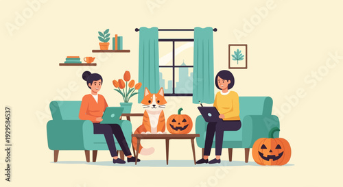 Two women and a cat celebrate Halloween indoors with pumpkins and laptops