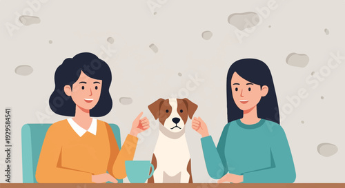 Two women and a dog at a table