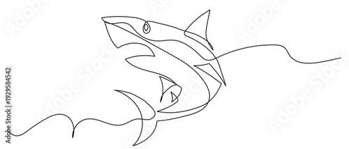 one continuous line shark sketch with smooth curves and wave detail, modern minimalist marine outline perfect for logo or tattoo design.Shark vector illustration
