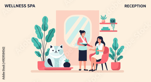 Two women interact at a spa reception with a stylized animal and plants