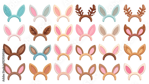 Cute Animal Ear Headband Collection Colorful Party Hair Accessories Vector Set