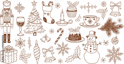 Vintage Christmas Sketch Illustration Set – Detailed Hand-Drawn Sepia Vector Sketches of Nutcracker Snowman Christmas Tree and Holly for Traditional Holiday Decor