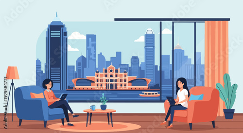 Two women relax in comfy chairs by a large window overlooking a city skyline