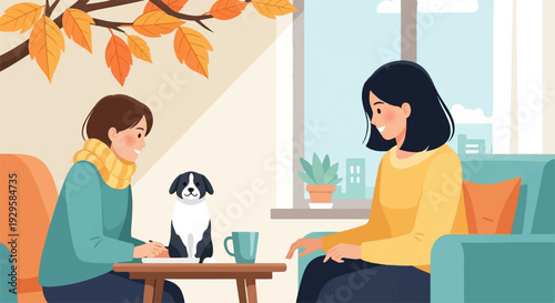 Two women and a dog enjoying an autumn afternoon indoors