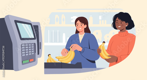 Two women buying bananas at a grocery store checkout