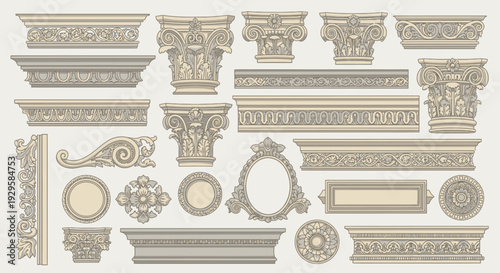 Collection of ornate architectural decorative elements and borders, featuring classical columns, friezes, and ornate frames in a vintage aesthetic, perfect for design projects
