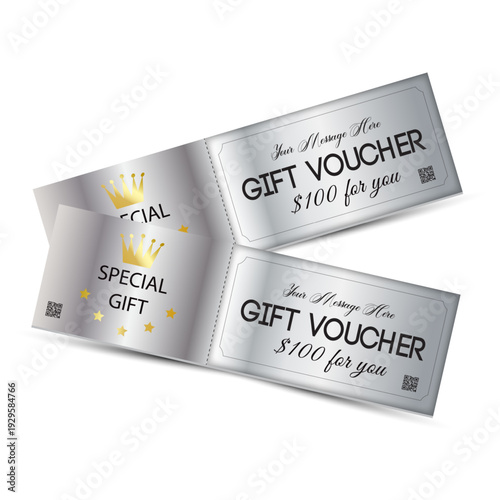 A gift voucher template with a gold realistic ribbon. Design an invitation, certificate, gift coupon, ticket or voucher. Vector illustration