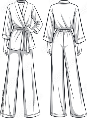 ATechnical fashion flat sketch of a women's kimono wrap top and wide leg pajama pants set, lounge wear front and back view vector.rt & Illustration