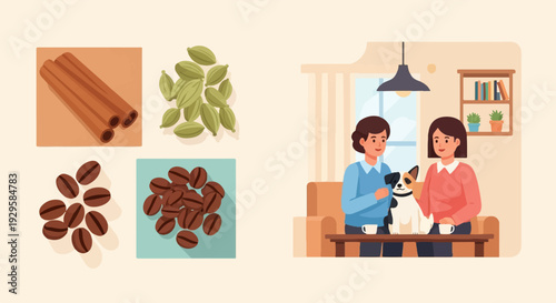 Two women and a dog enjoy coffee and spices in a cozy cafe setting