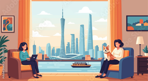 Two women and a dog relaxing indoors with a cityscape view