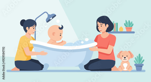 Two women and a baby taking a bath with a toy dog nearby