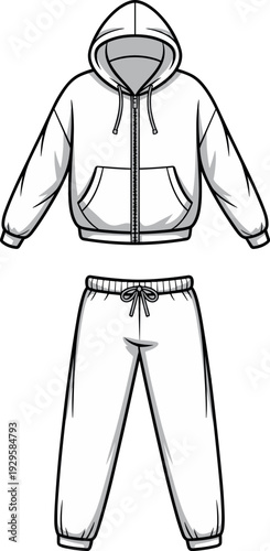 Art Technical fashion flat sketch of a women's kimono wrap top and wide leg pajama pants set, white loungewear outfit vector template.& Illustration