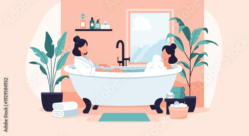 Two women relax in a bubbly bathtub with plants and towels nearby