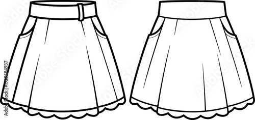 Technical fashion flat sketch of a women's mini skirt with pockets and scalloped hemline, front and back views, black and white vector outline.