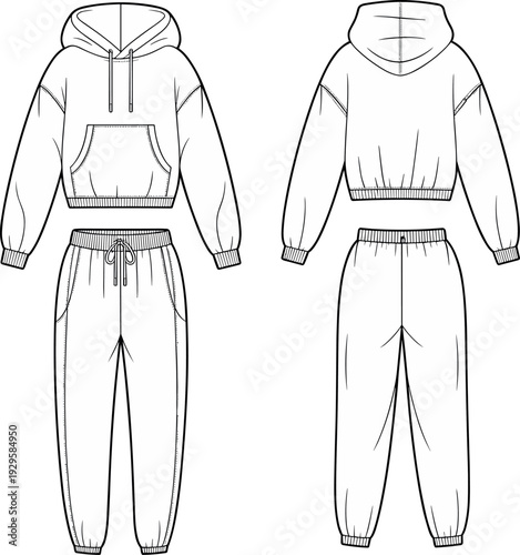 Art & IllustrationTechnical fashion flat sketch of a women's oversized cropped hoodie and matching high waisted joggers set for apparel design and tech packs