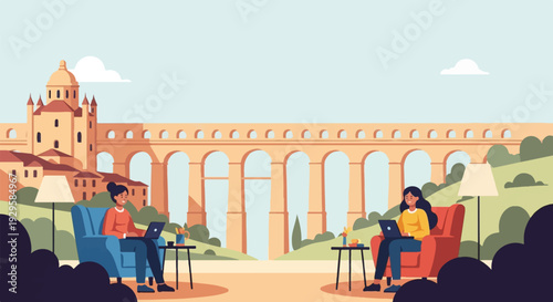 Two women comfortably work on laptops from armchairs in a scenic outdoor setting