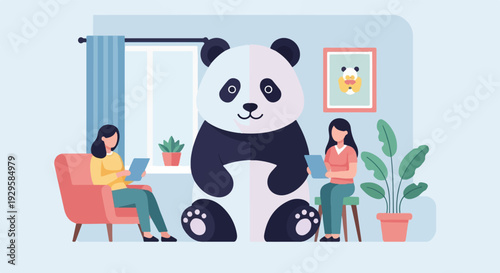 Two women observe a giant panda in a room with plants and art