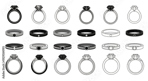 Collection of various ring designs, showcasing engagement rings with diamonds, wedding bands, and eternity rings in a clean, black and white illustration style