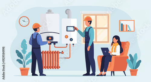 Two technicians inspect a water heater while a woman works on a laptop