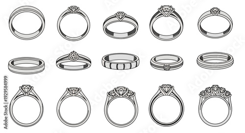 Diverse collection of meticulously crafted diamond rings showcased from various angles, highlighting unique designs and brilliant gemstones for an elegant jewelry display