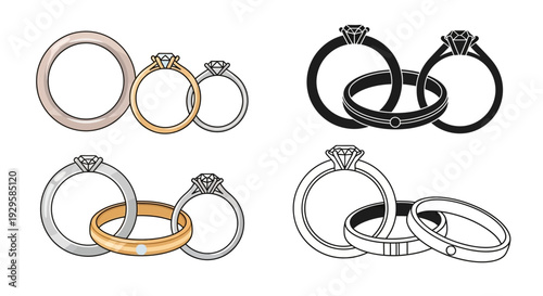 Set of engagement and wedding rings with diamonds, isolated on white background, graphic representation