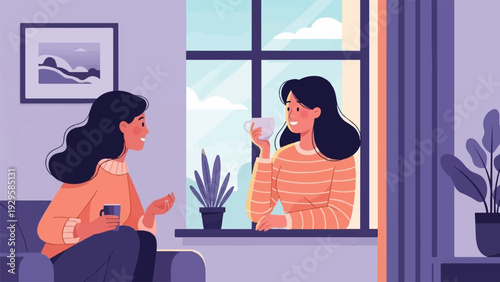 Two women enjoy drinks and conversation near a window with plants