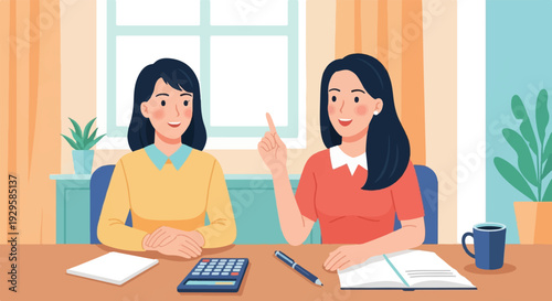 Two women discussing ideas at a desk with a calculator and notebook