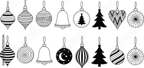 Black and white Christmas ornament collection featuring hand drawn baubles stars hearts and holiday bells with intricate patterns for seasonal coloring pages and festive DIY crafts.