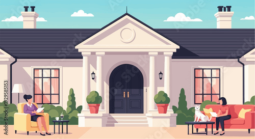 Two women and a cat relax at a modern home with a garden