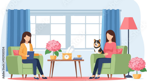Two women and a dog in a therapy session