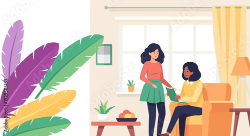 Two women interacting in a cozy living room with decorative feathers nearby