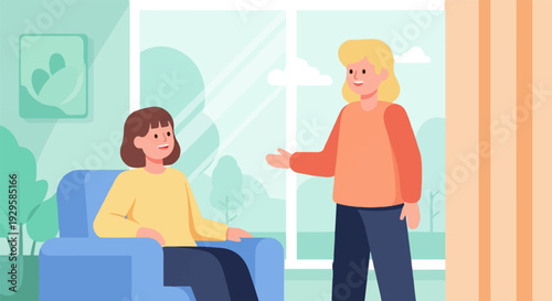 Two women chatting indoors with a window showing a scenic outdoor view