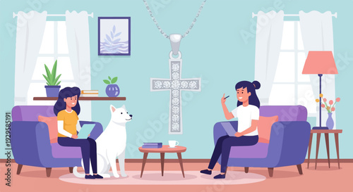 Two women and a dog relax in a cozy living room