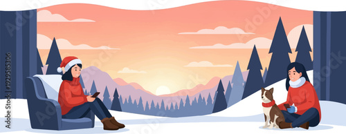 Two women and a dog enjoy a serene winter sunset from indoors