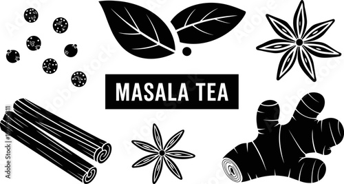Masala tea ingredients illustration, black and white spice drawing, ginger root, cinnamon sticks, cardamom pods, star anise, peppercorns, herbal beverage art