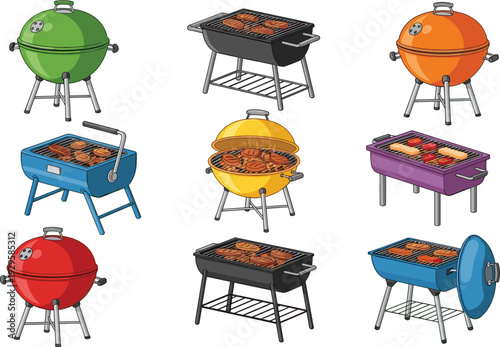Colorful outdoor BBQ grill collection featuring charcoal kettle grills and rectangular smokers with meat and sausages for backyard parties summer cookouts and picnic catering.