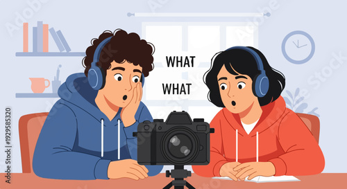Two surprised young people with headphones stare at camera with open mouths
