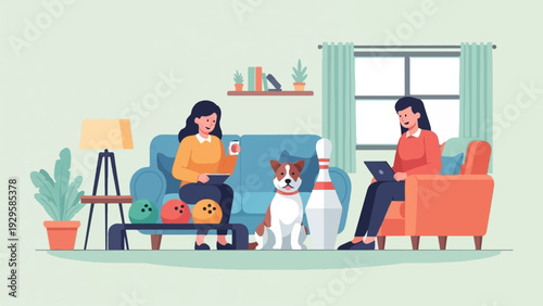 Two women, a dog, and bowling equipment in a cozy living room
