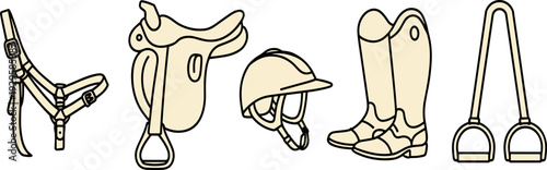 Equestrian gear illustration, black and white drawing, horse riding equipment, saddle stirrups boots helmet, halter design artwork, horseback riding accessories sketch