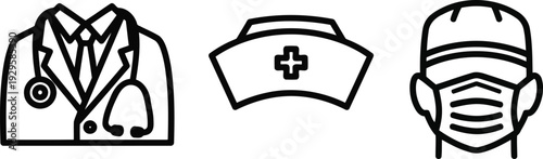 Vector of Medical icons set with doctor nurse hat and masked face