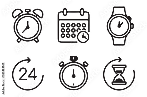 Collection of black outline icons depicting various timekeeping devices