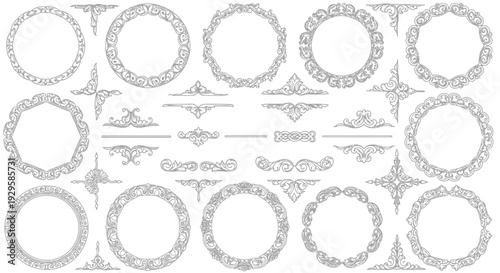 Collection of decorative circular frames and ornate dividers in a vintage style, perfect for graphic design projects and invitations