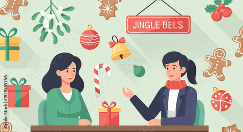 Two women chat amidst festive Christmas decorations and gifts